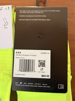 Nike Spark Running Socks Ankle Lightweight Men 8-9.5 Women 9.5-11 Lot Large New