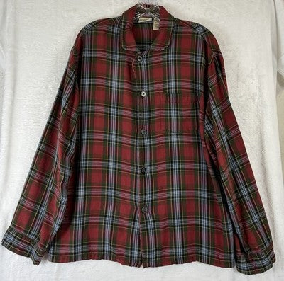 LL Bean Pajama Top Medium Mens Red Plaid Long Sleeve 100% Cotton Vintage