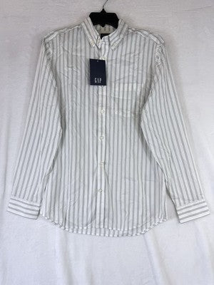 Gap Shirt XS Mens Long Sleeve Button Up Down Eco Cool White Olive Striped New