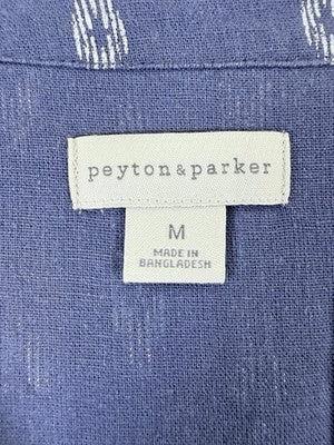 Peyton Parker Blue Ikat Linen Button Shift Dress Pockets Medium Boho Lagenlook