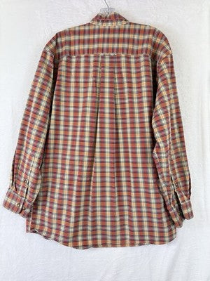 Orvis Mens Large Plaid Button Down Shirt Long Sleeve Orange Red Tan 100% Cotton