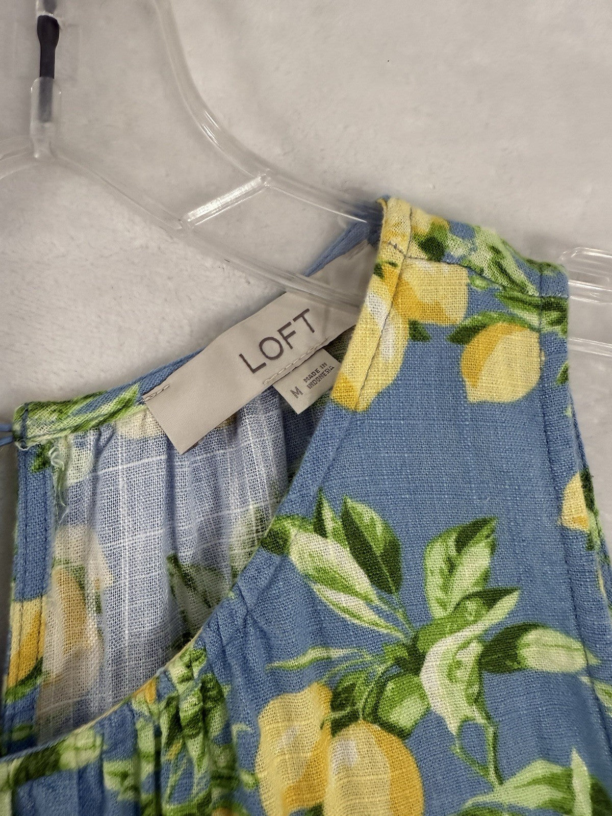 Ann Taylor Loft Dress Medium Linen Blue Lemons Print Sleeveless Shift Womens