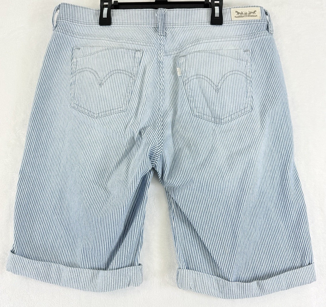 Levis Jean Shorts Women 12 Denim Light Blue White Striped 11” Bermuda Roll Hem