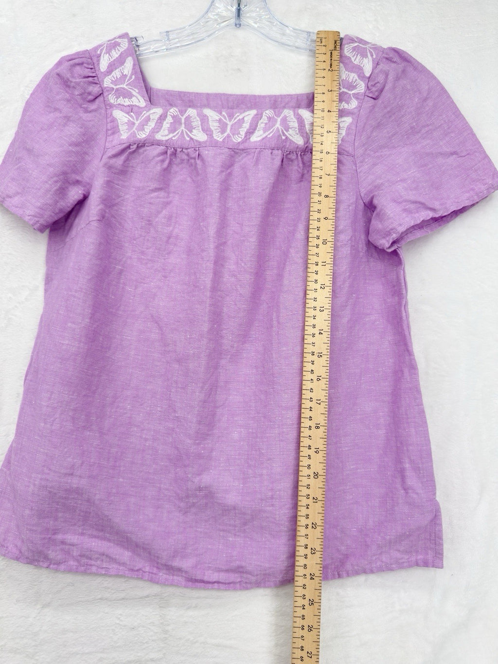 Talbots Top Small Linen Cotton Butterfly Embroidered Square Neck Purple Womens