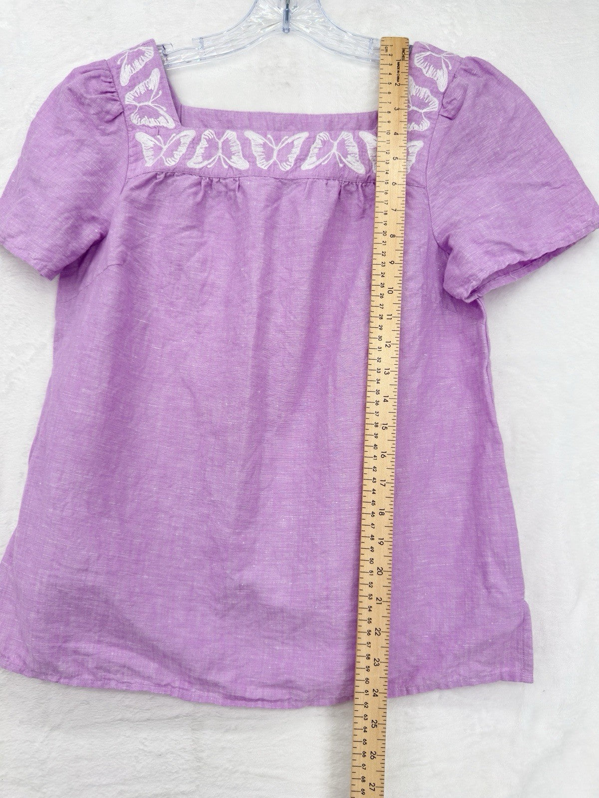 Talbots Top Small Linen Cotton Butterfly Embroidered Square Neck Purple Womens