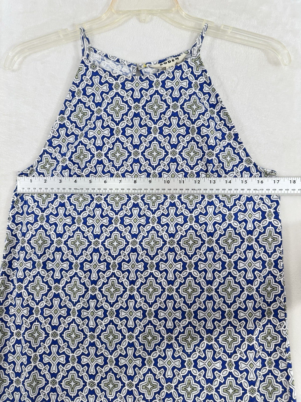 Boden Dress 6 Maxi Sleeveless Blue White Geometric Print 100% Cotton Womens