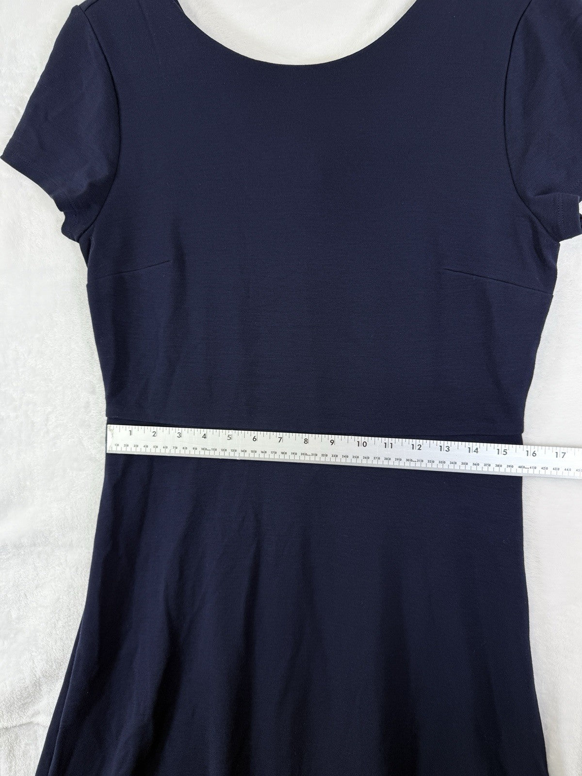 Ann Taylor Loft Dress 14 Navy Blue Ponte Knit Short Sleeve Bow Back Fit Flare