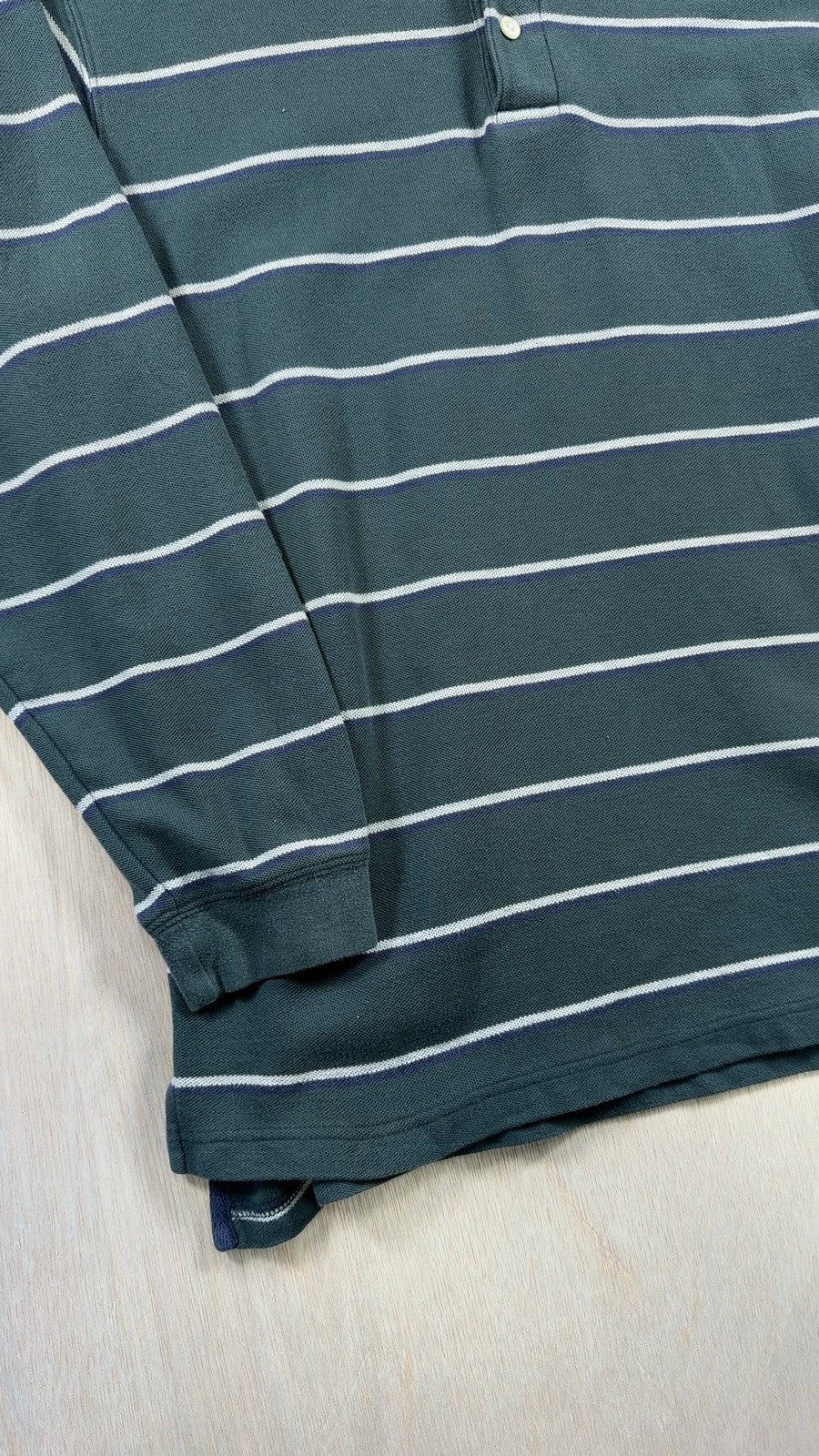 L.L.Bean VINTAGE Long Sleeve Polo Shirt L Mens green Striped Knit 3 Button