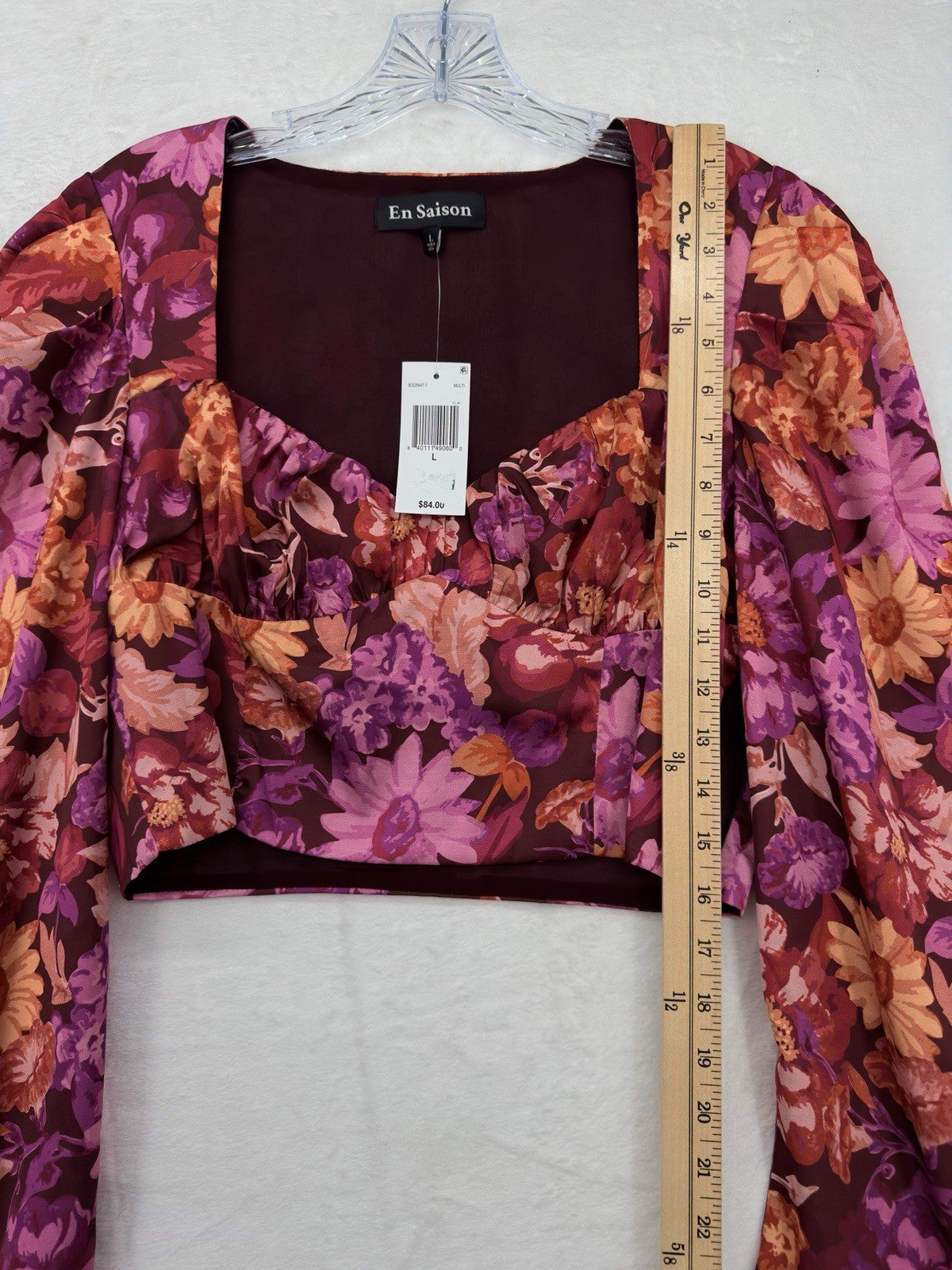 En Saison Crop Top Large Puff Long Sleeve Square Neck Floral New
