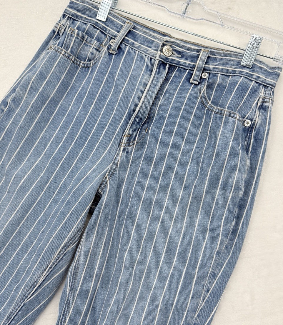 American Eagle Mom Jeans 4 Long Light Blue Wash Pinstripes High Rise Denim Women