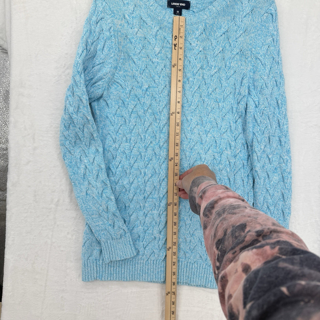 Lands End Cable Knit Drifter Sweater Medium Womens Aqua Blue 100% Cotton Tops