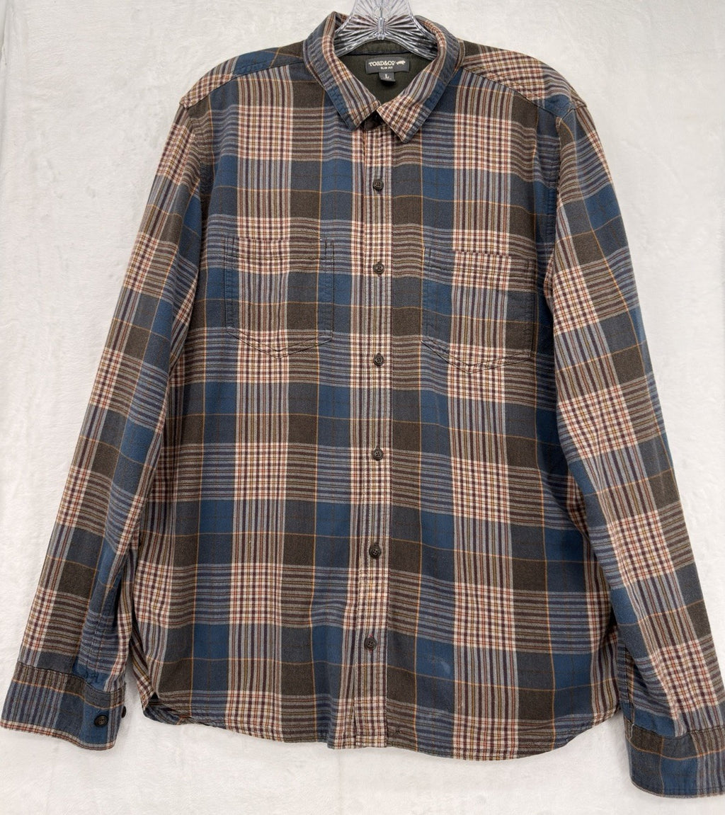 Toad And Co Mens Flannel Shirt Large Brown Blue Plaid Button Up *FlawRead