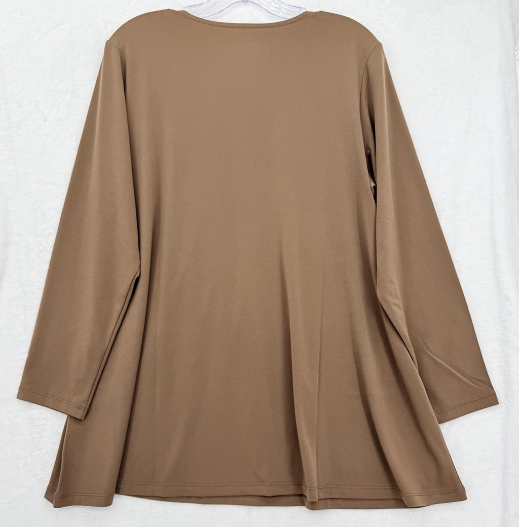 Susan Graver Top Large Petite Liquid Knit Top Womens LP Brown Long Sleeve V Neck