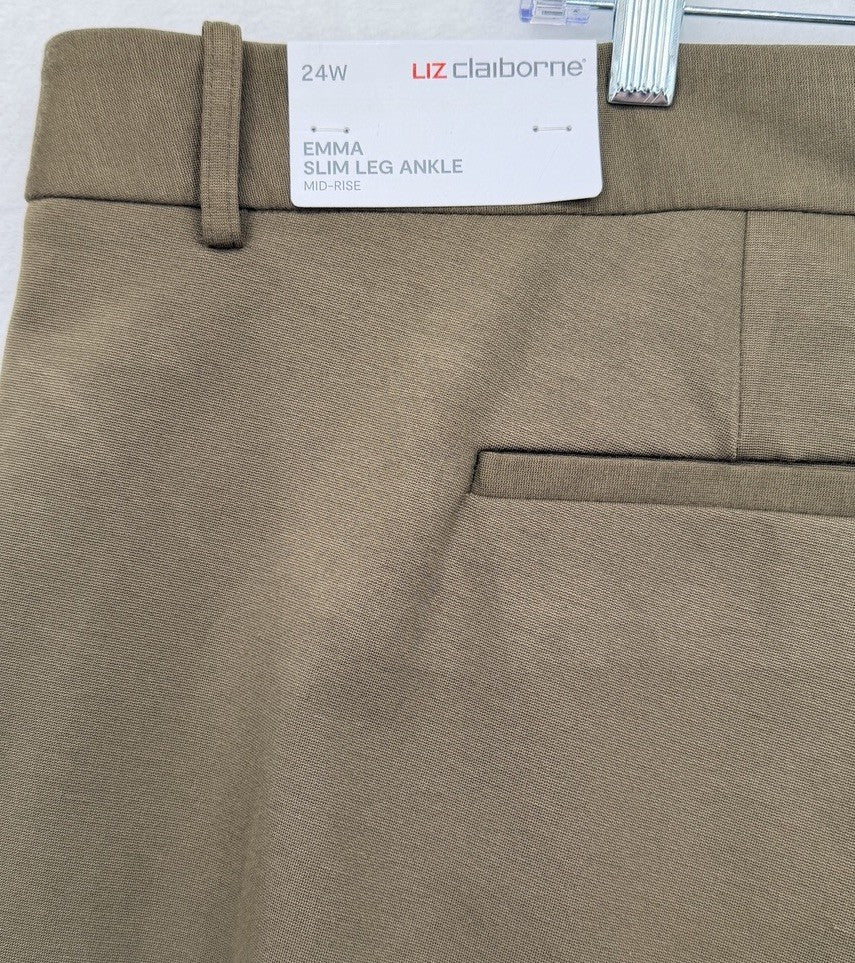 Liz Claiborne Emma Pants 24W Moss Green Plus Size Womens Slim Leg Ankle New NWT