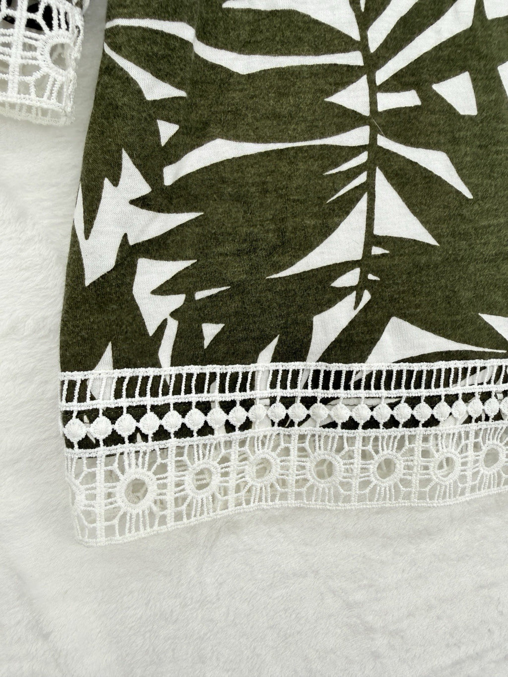 Talbots Top P XS Petite Tunic Tassels Olive Green Floral 3/4 Sleeve Womens