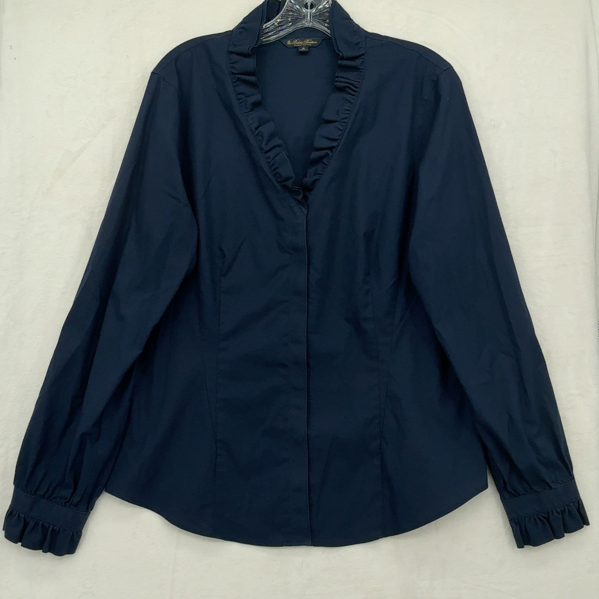 Brooks Brothers Supima Cotton Blouse 16 Womens Navy Blue Long Sleeve Ruffle Neck