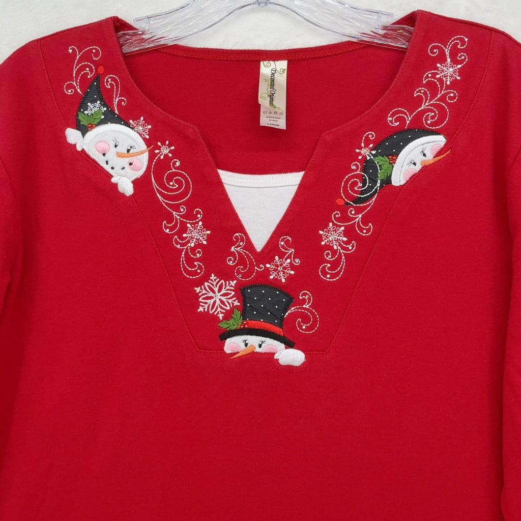 Decorated Originals Christmas Top Large Womens Red Snowman Embellished Teacher