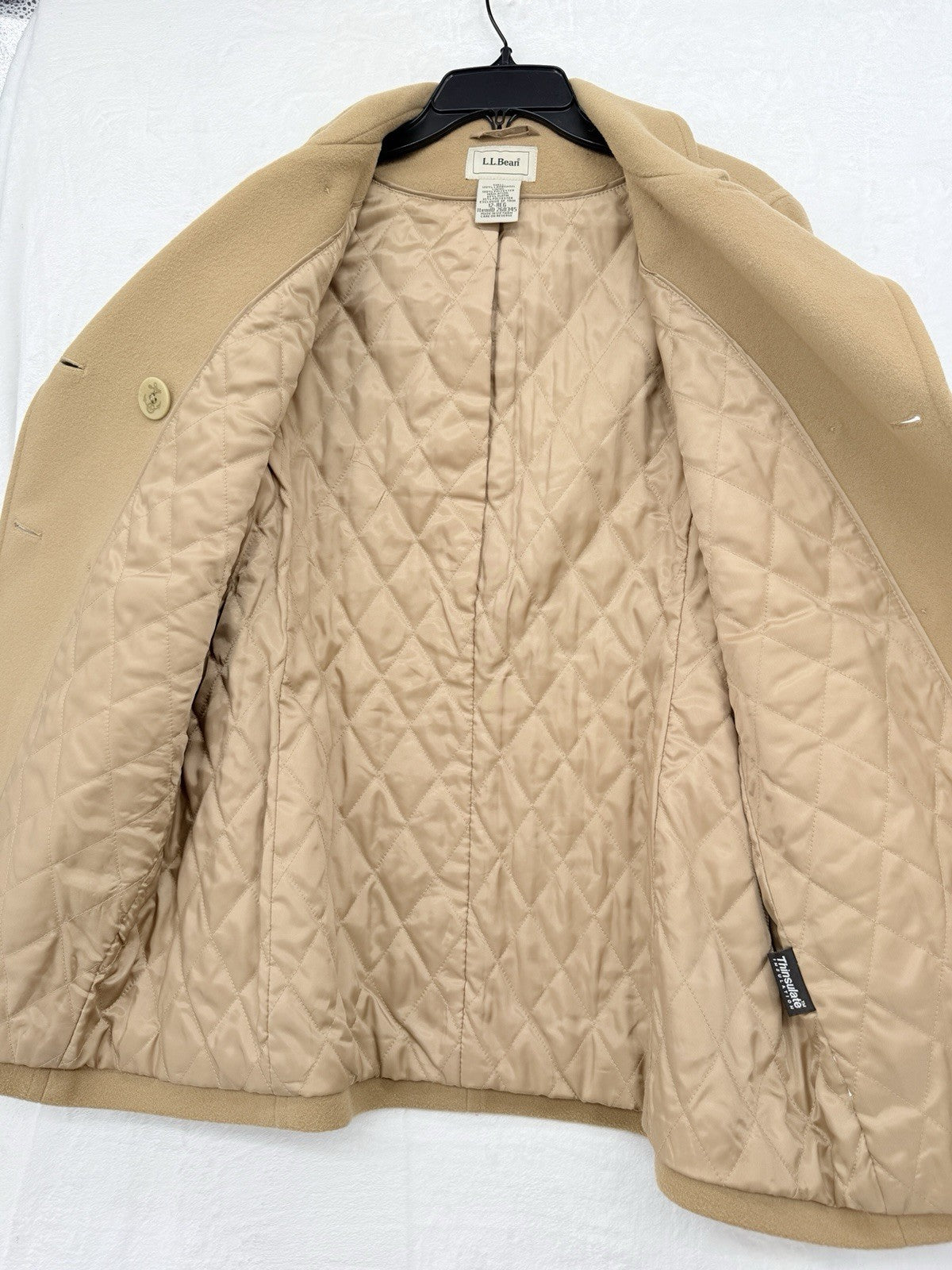 LL Bean Pea Coat Women 12 Classic Lambswool Camel Beige Jacket Wool Insulated