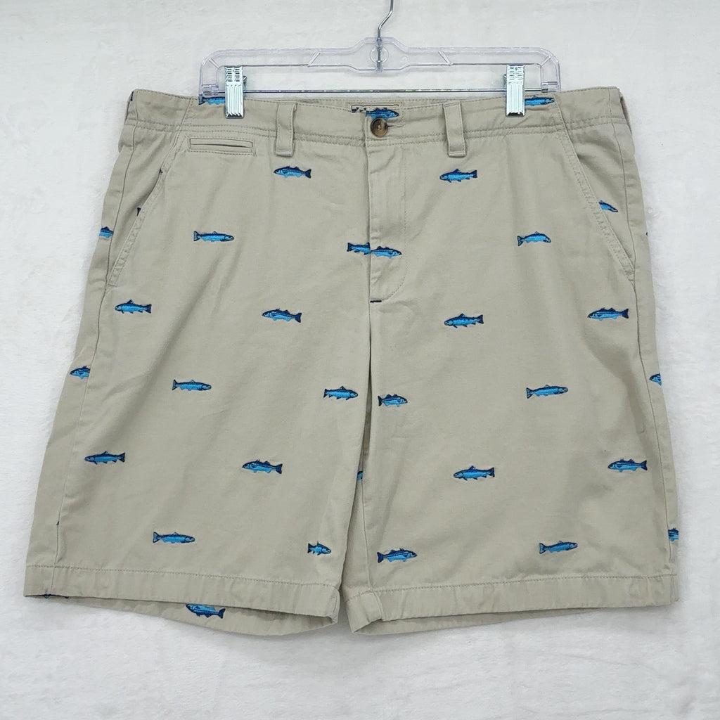 LL Bean Chino Trout Shorts 36 Mens Khaki Embroidered Fish Beige Classic Fit 9”