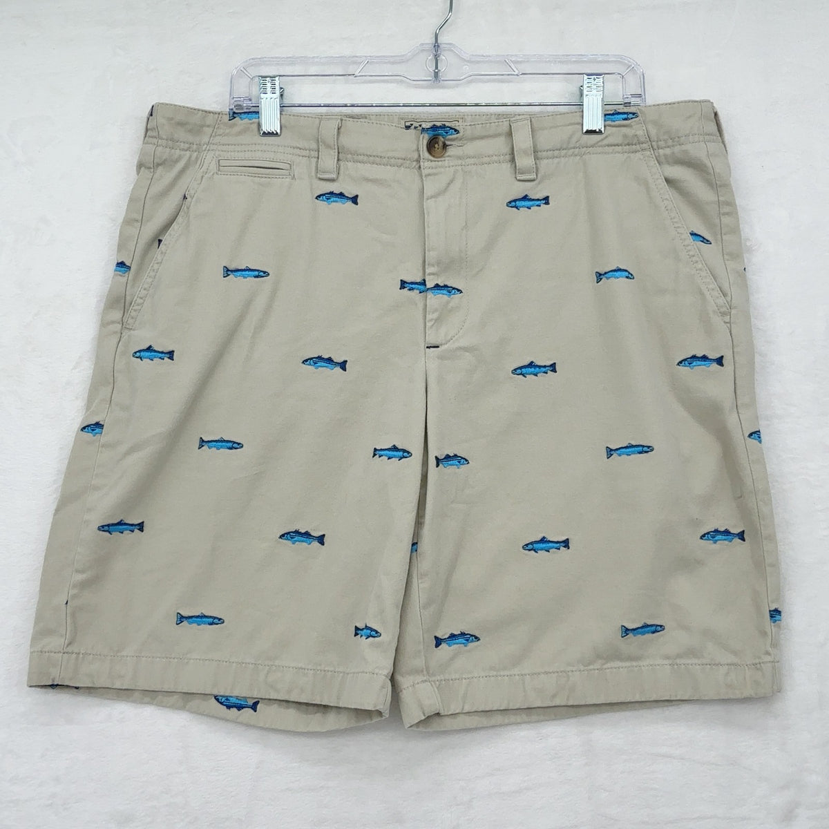 LL Bean Chino Trout Shorts 36 Mens Khaki Embroidered Fish Beige Classic Fit 9”