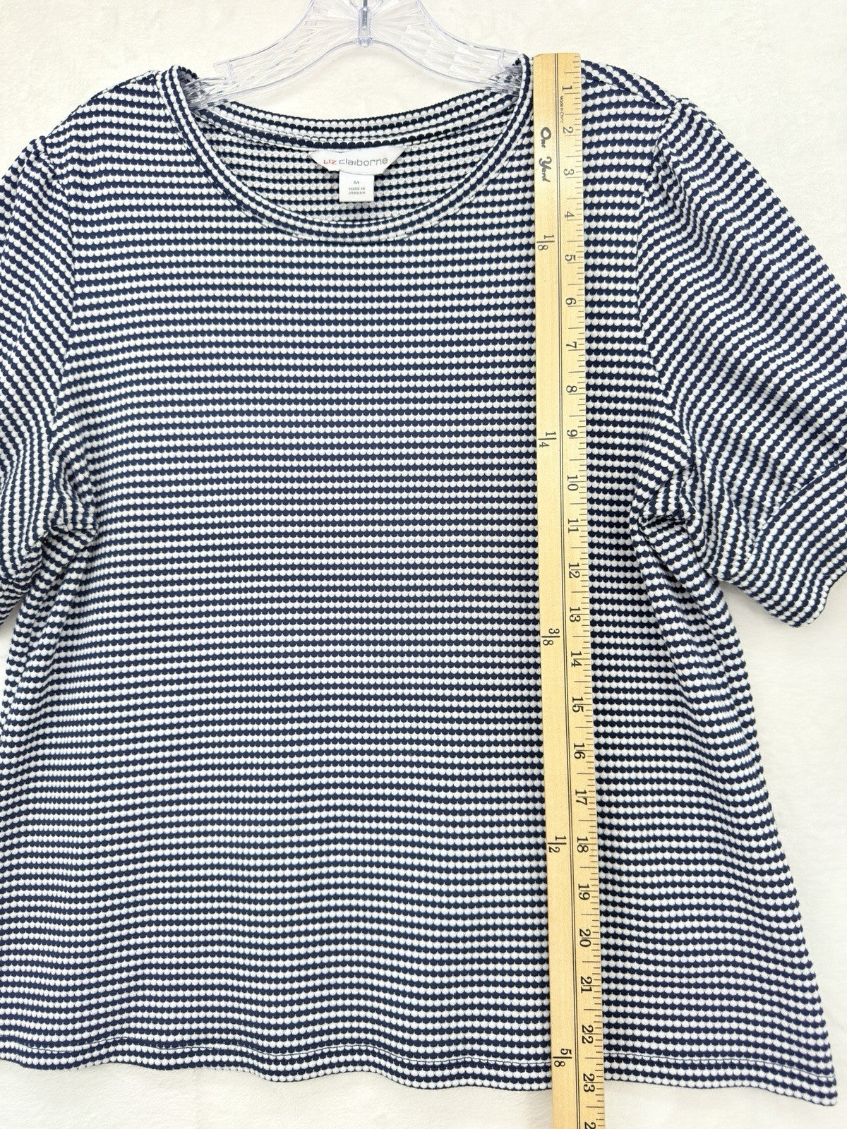 Liz Claiborne Top Medium Short Puff Sleeve Blue White Striped Knit Womens