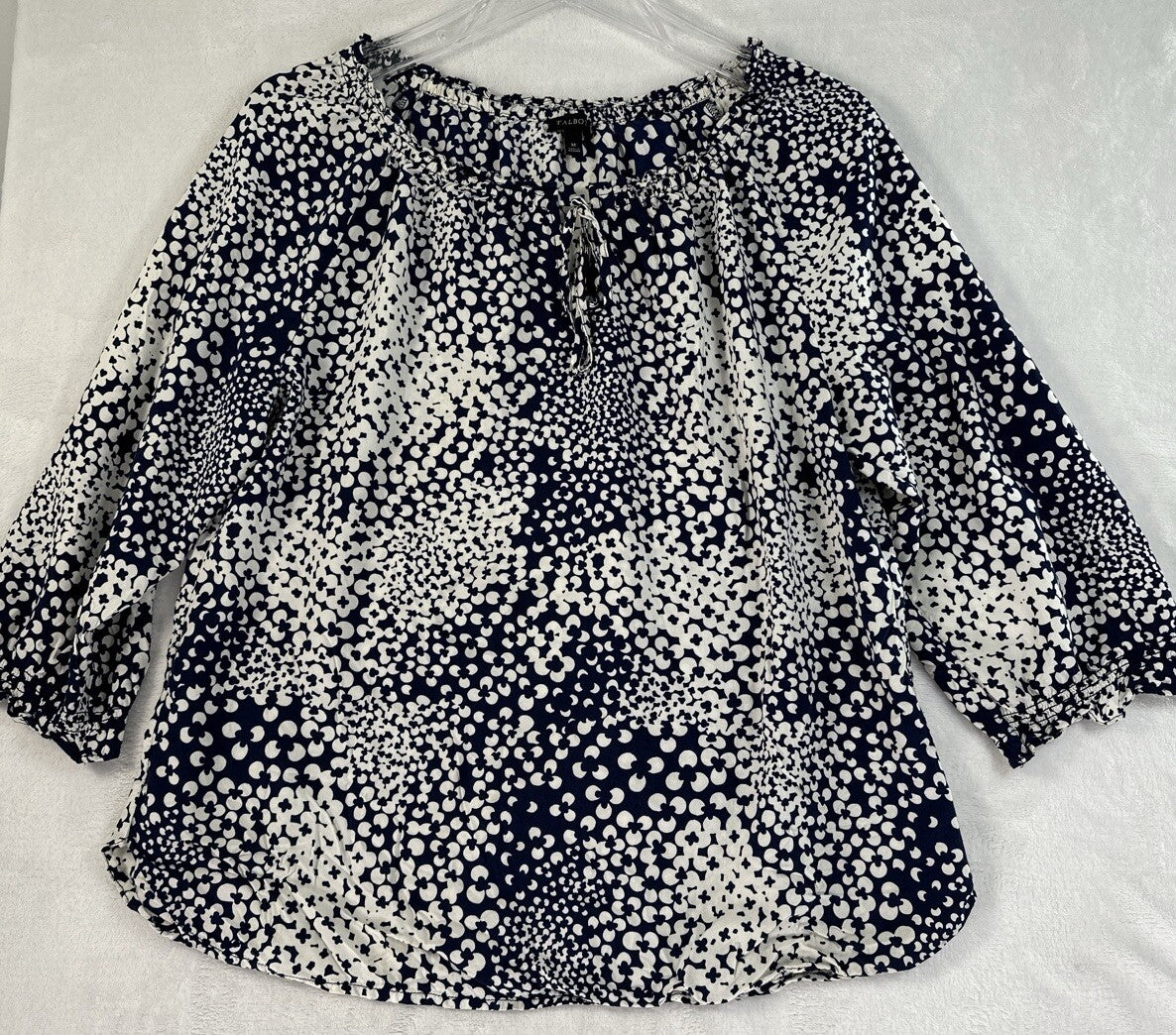 Talbots Medium Top Blue Blouse Abstract Clover Lightweight Rayon Womens Shirt