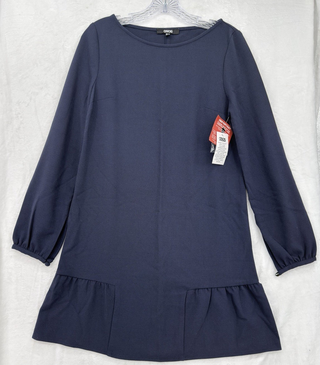 ASOS Mini Dress 4 Navy Blue Long Sleeve Shift Drop Waist Womens NWT