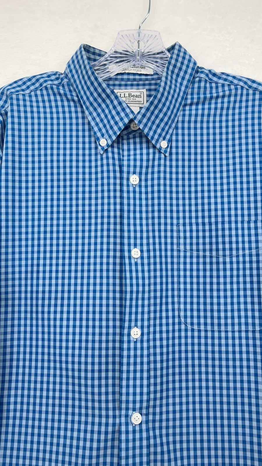 LL Bean Shirt Large Slightly Fitted Button Down Mens Blue Gingham Long Sleeve