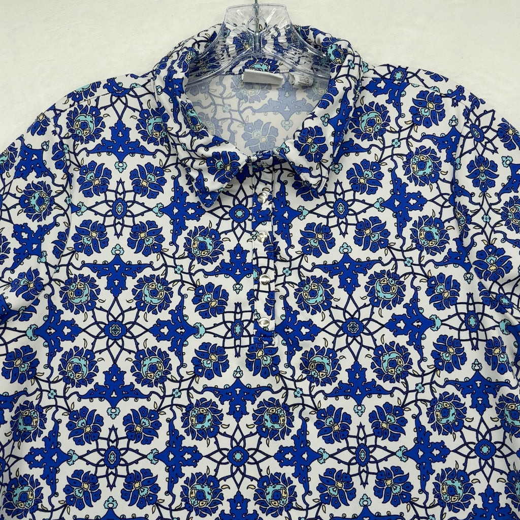 Chicos Weekends Polo Shirt 2 Womens Large Top Short Sleeve Blue Print