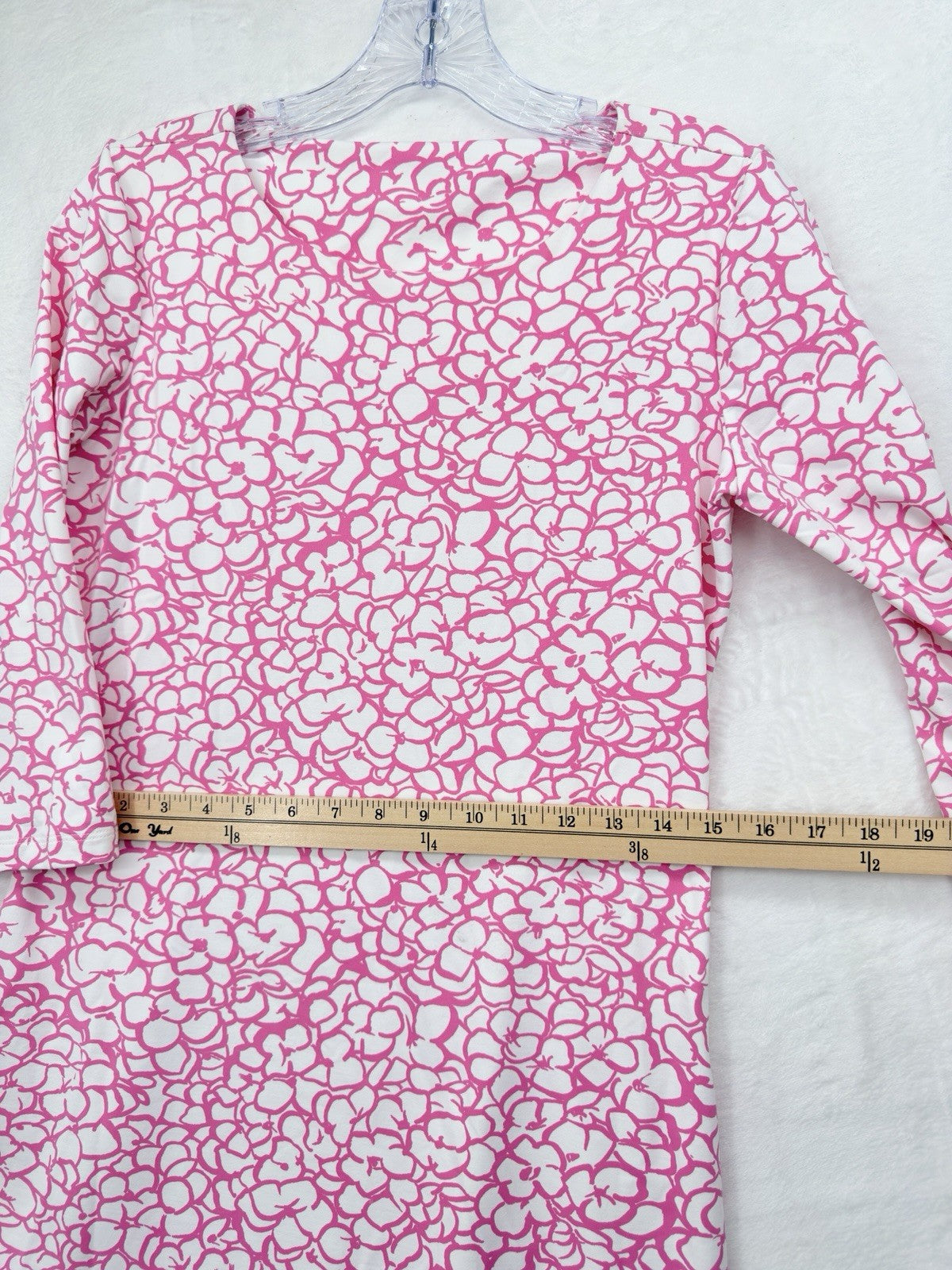 Mahi Gold Dress Small Pink Print Shift 3/4 Sleeve Nylon Stretch Womens