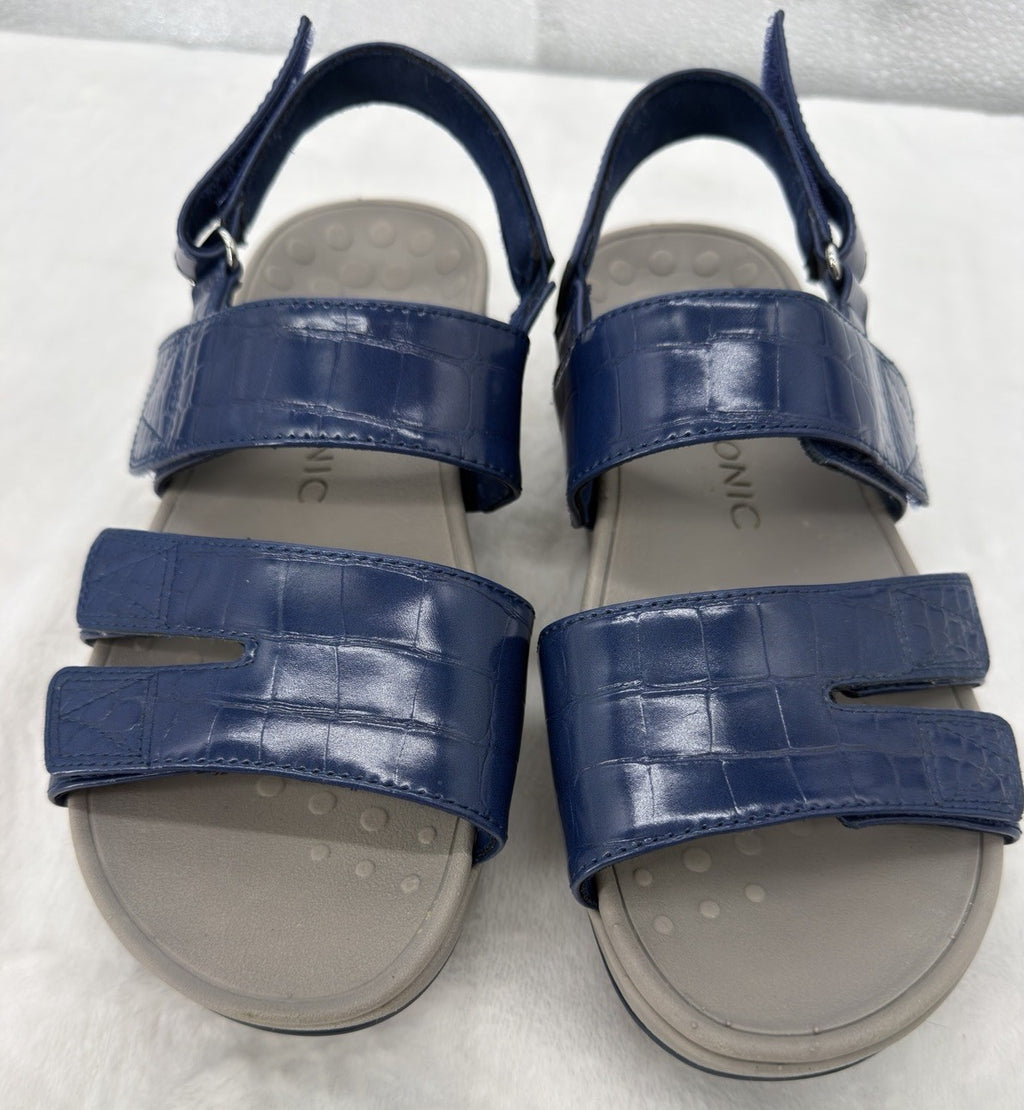 Vionic Womens 7 Roma Backstrap Platform Wedge Sandals Blue Patent Leather Shoes