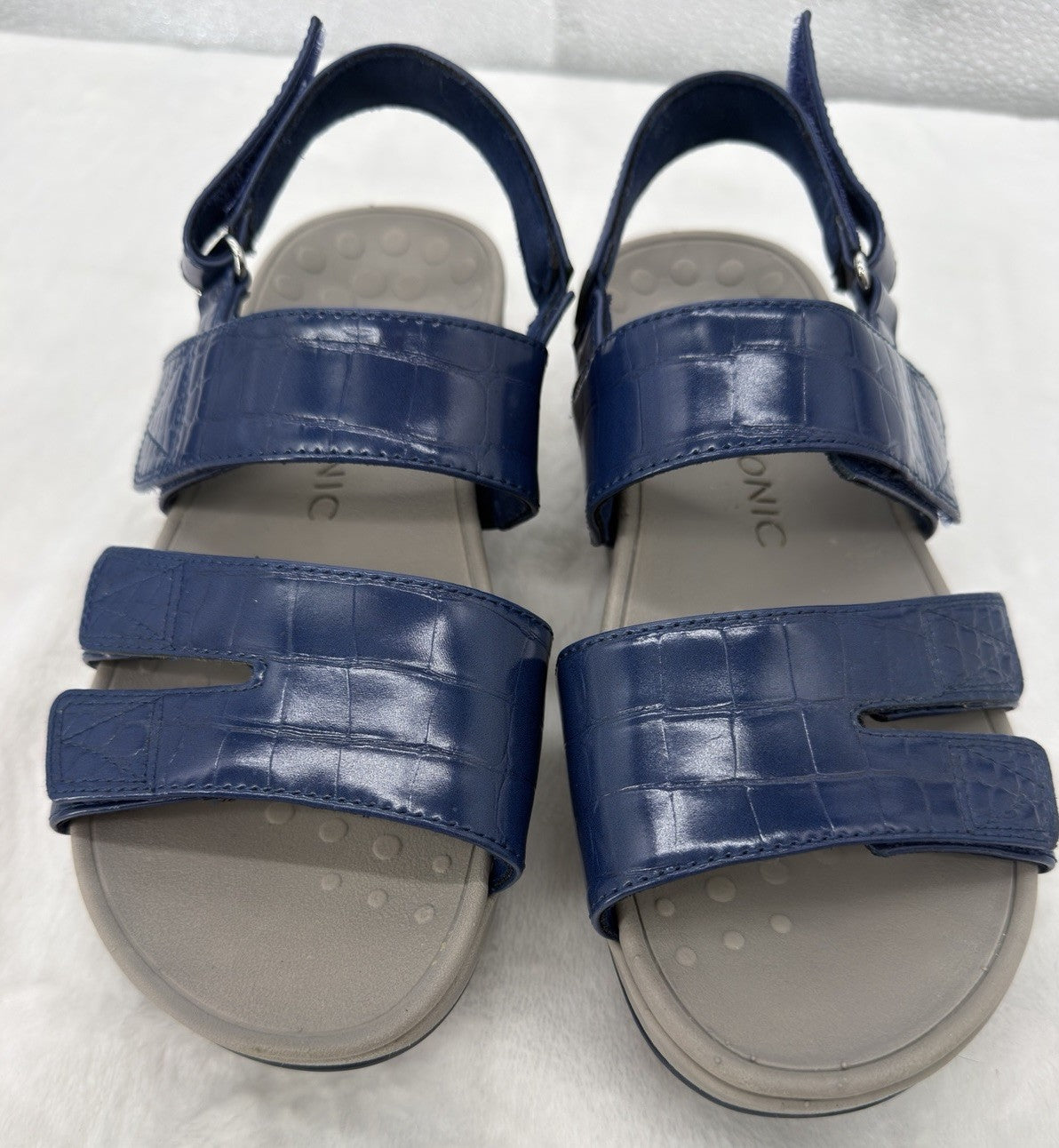 Vionic Womens 7 Roma Backstrap Platform Wedge Sandals Blue Patent Leather Shoes