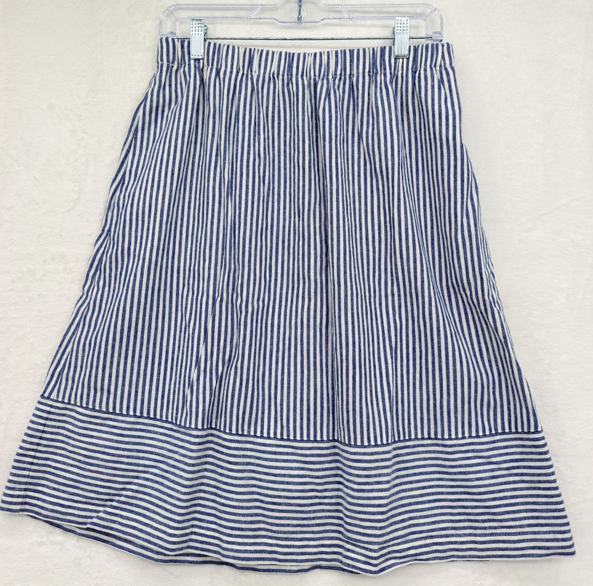 J Crew Medium Womens Midi Skirt Linen Blend Pull On Blue Striped A Line Pockets