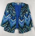 Chicos Size 1 Jacket Medium Blue Green 3/4 Sleeve Chevron Blazer Cotton Stretch