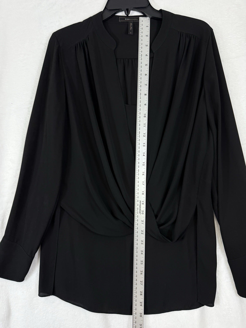 BCBG Maxazria Top Medium Womens Black Long Sleeve Faux Wrap Top Max Azria