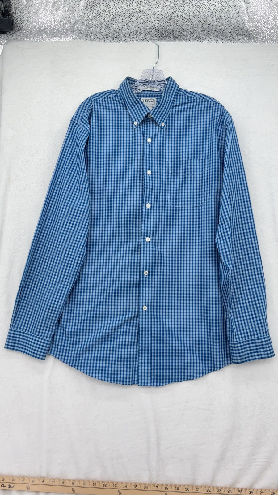 LL Bean Shirt Large Slightly Fitted Button Down Mens Blue Gingham Long Sleeve