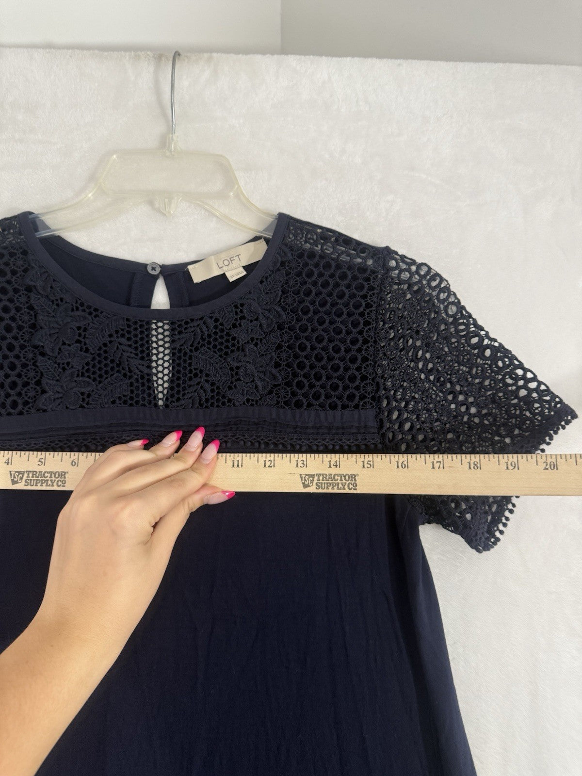 Ann Taylor Loft Dress Small Tall ST Navy Blue A-Line Crochet Knit Short Sleeve