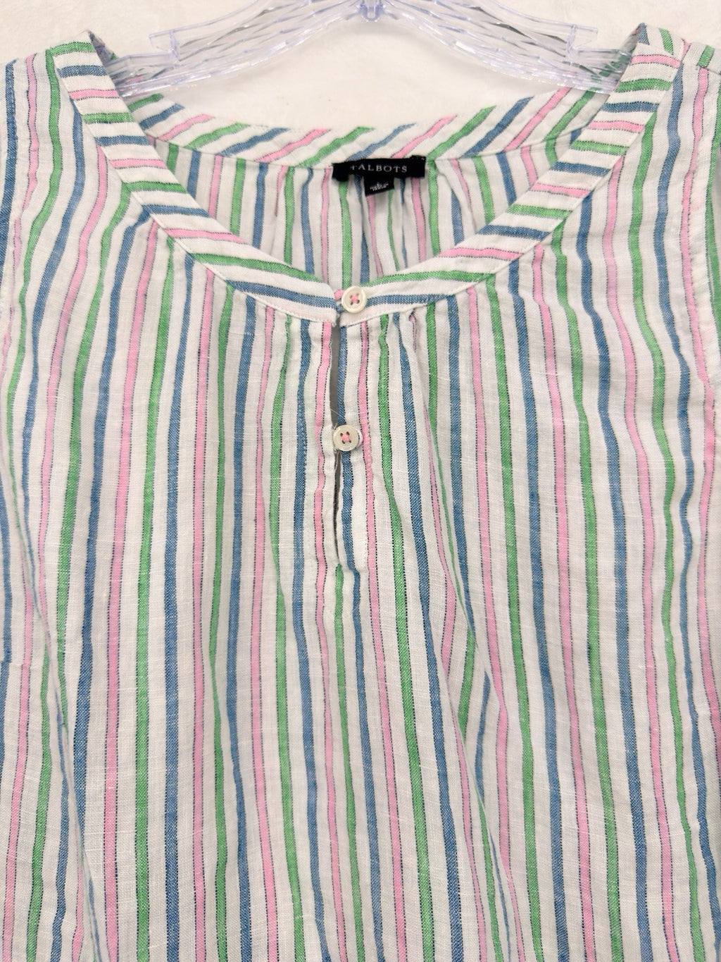 Talbots 100% Linen Top Large Sleeveless Striped Blue Pink Green Womens Blouse