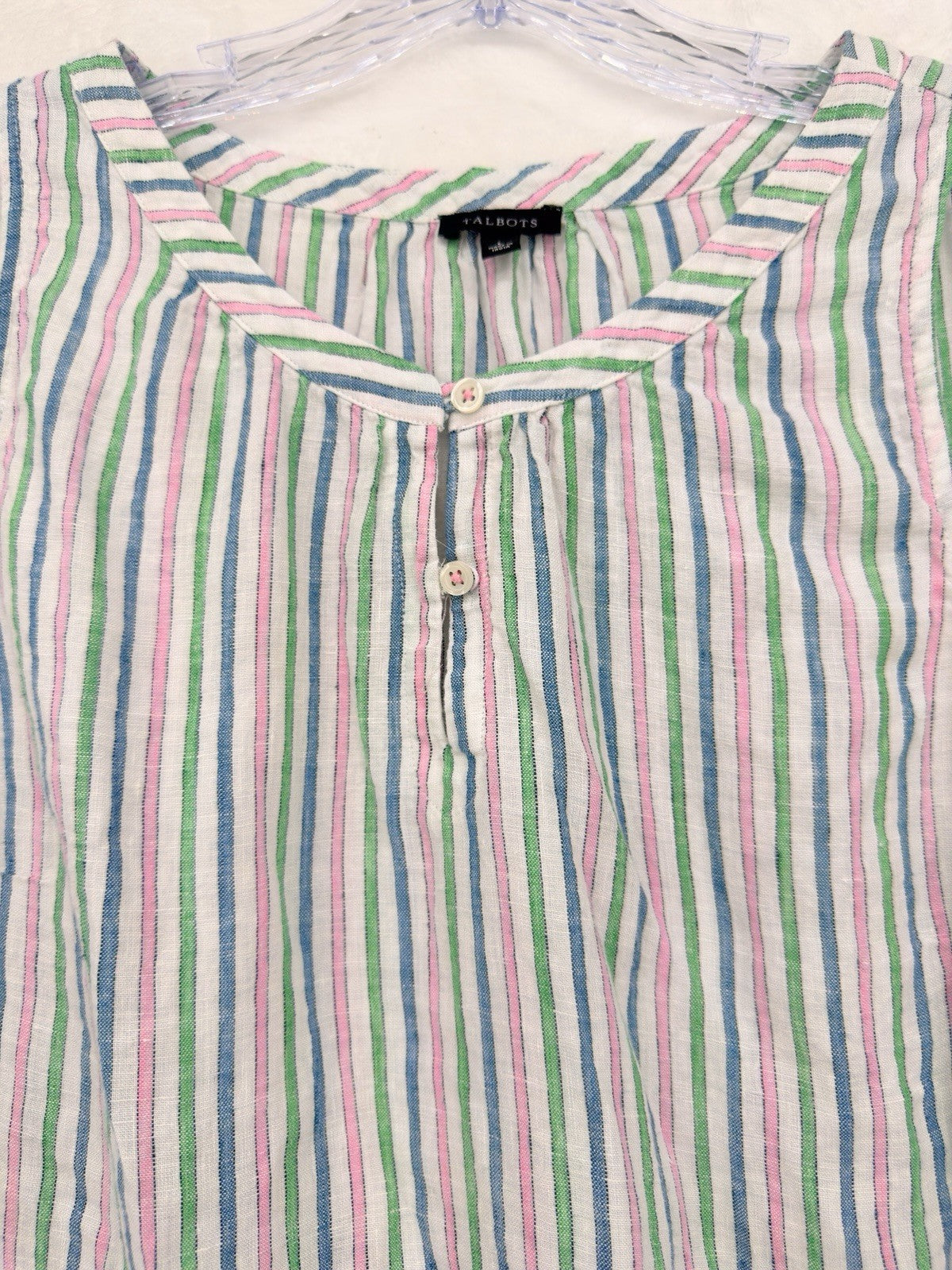Talbots 100% Linen Top Large Sleeveless Striped Blue Pink Green Womens Blouse
