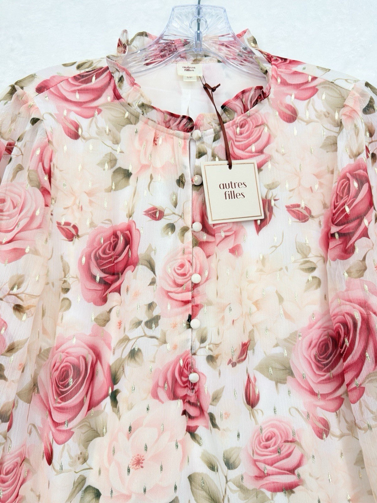 Autres Filles Top Small Pink Roses  Long Sleeve Blouse Cottagecore Fairycore New