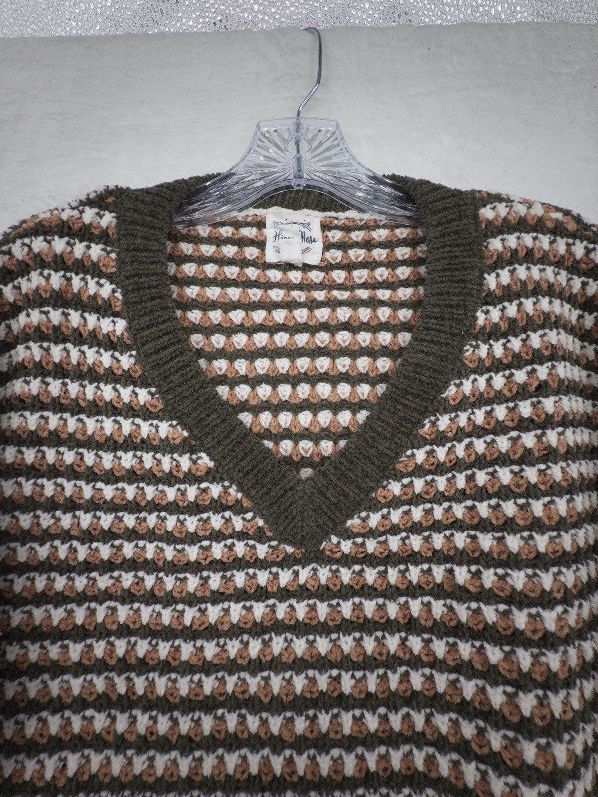 Hippie Rose Sweater Large Crop Long Sleeve V Neck Brown Crochet Pullover Womens