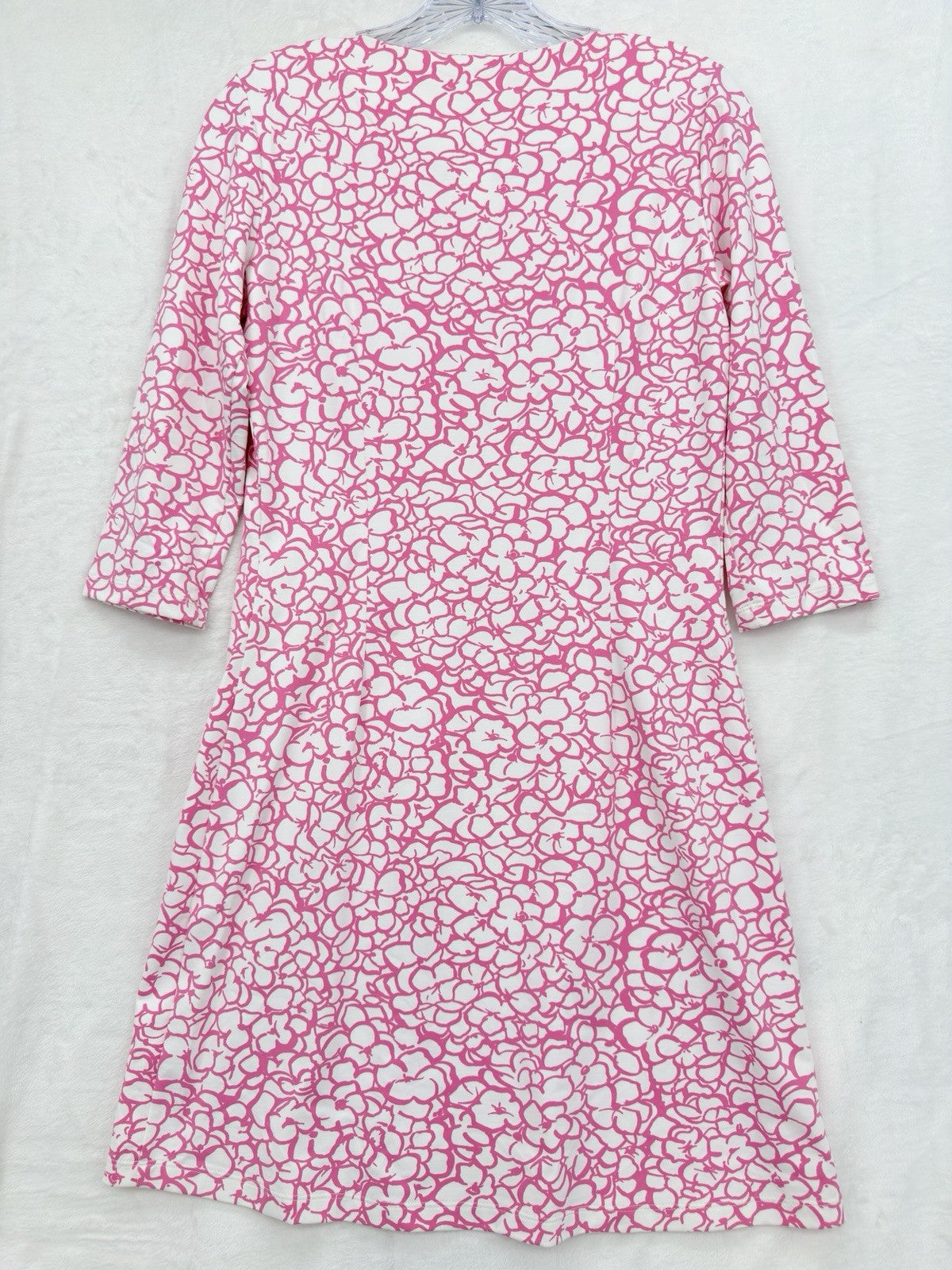 Mahi Gold Dress Small Pink Print Shift 3/4 Sleeve Nylon Stretch Womens