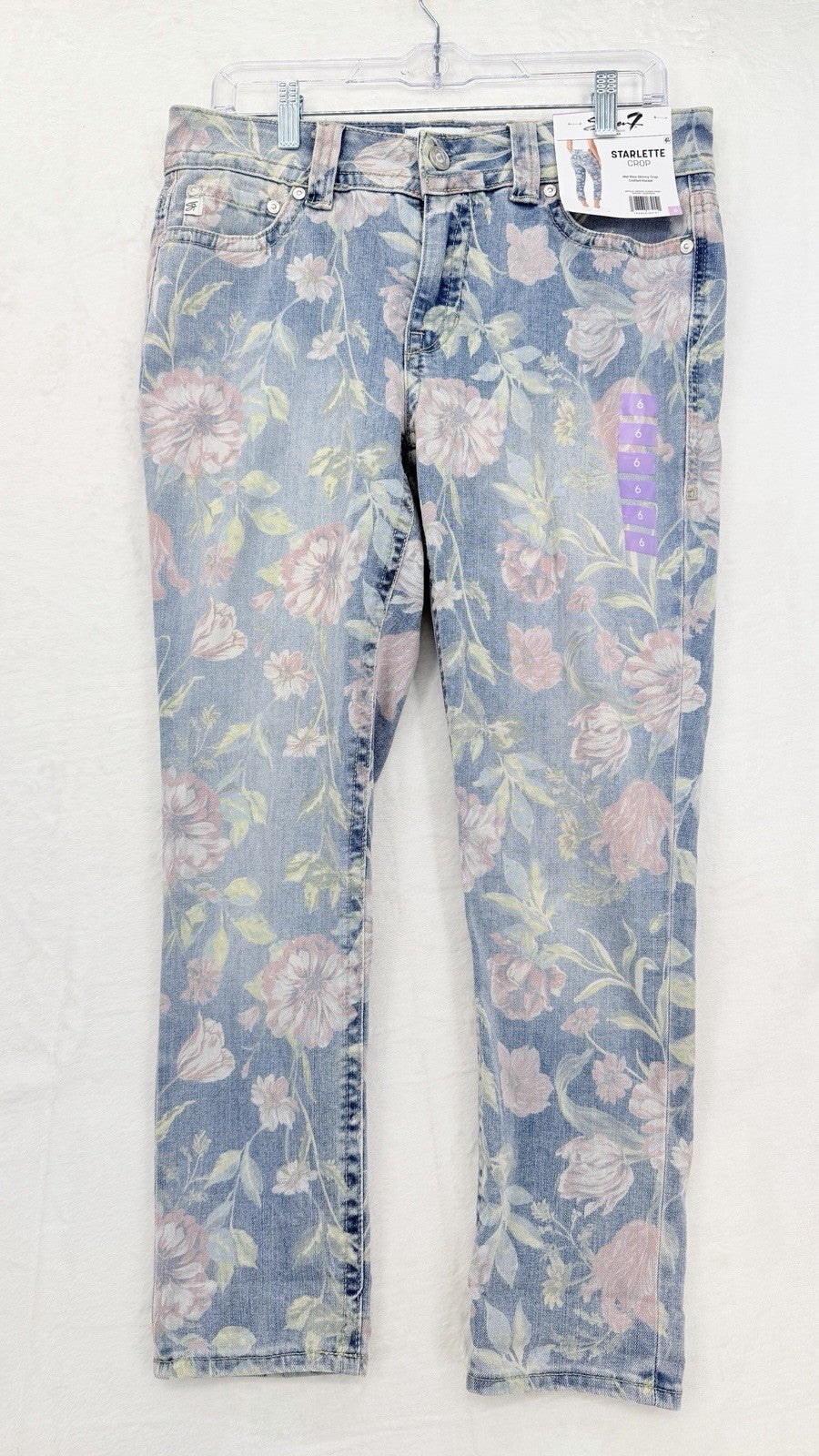Seven 7 Cropped Jeans 6 Womens Light Blue Floral Print Starlette Crop New
