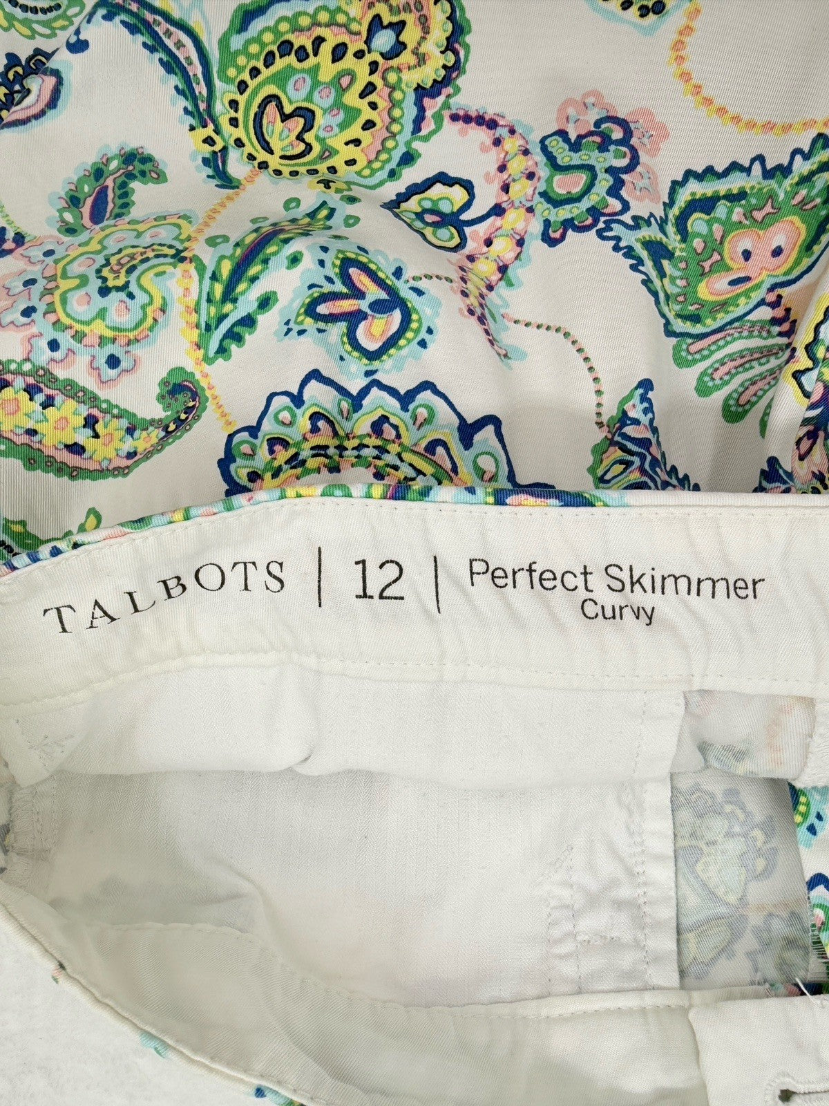 Talbots Perfect Skimmer Pants 12 Curvy White Paisley Print Womens Cropped