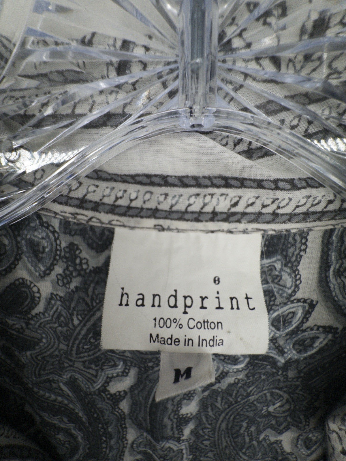 Handprint Tunic 100% Cotton Medium Women Gray Button Up Shirt Medium Boho India