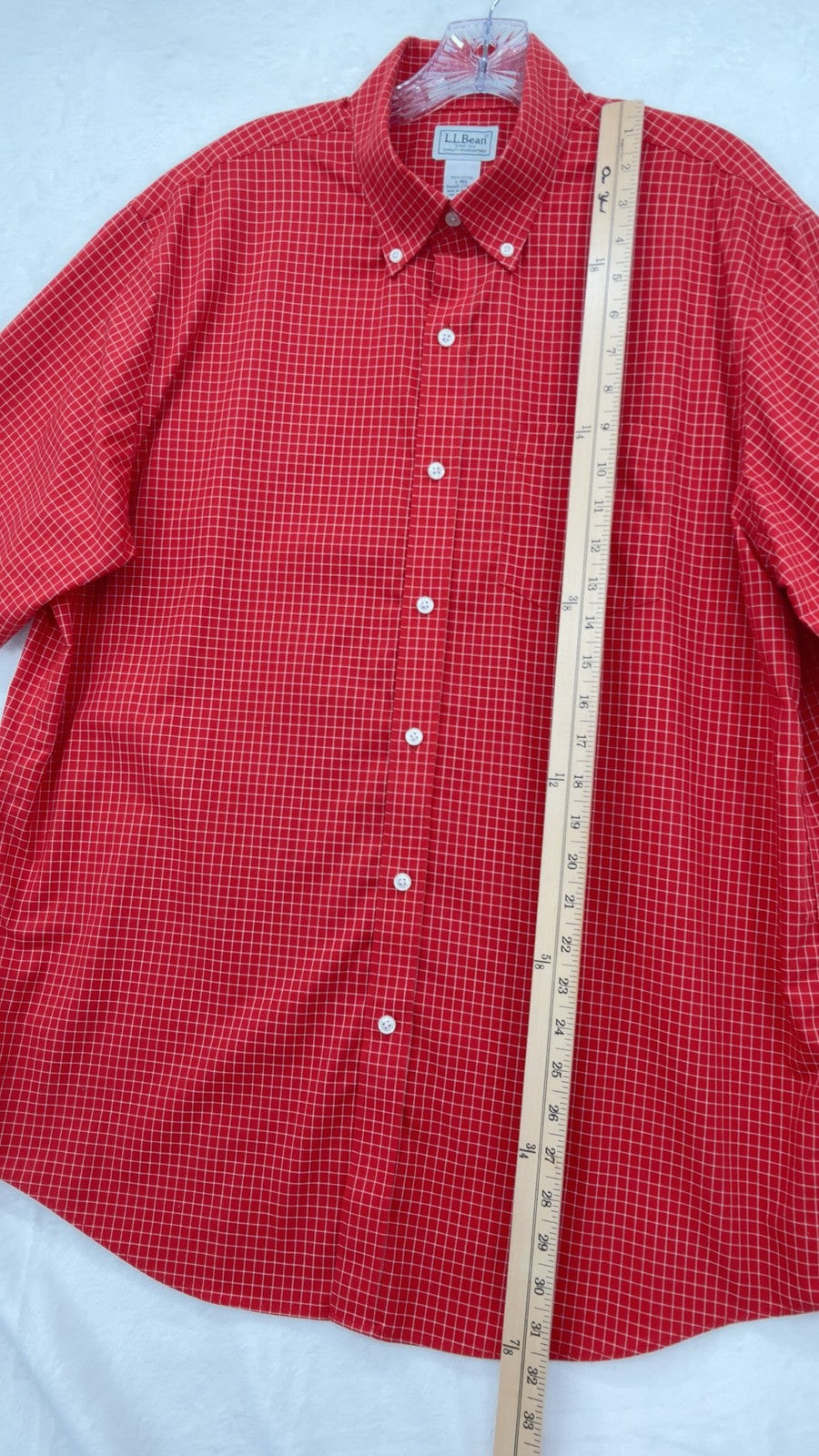 LL Bean Button Down Shirt Large Men Red Check Short Sleeve Comfort Stretch