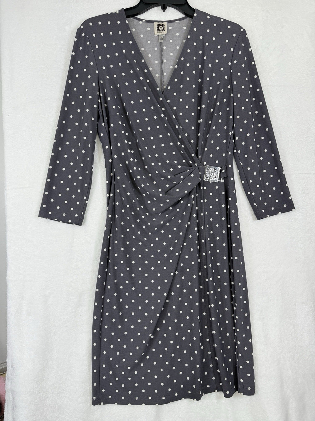 Anne Klein Faux Wrap Dress 6 Gray Polka Dot Women