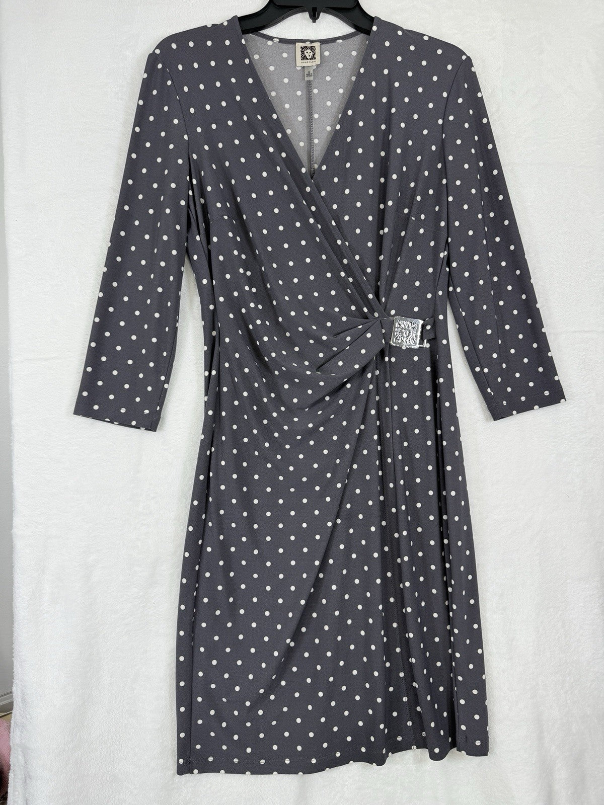 Anne Klein Faux Wrap Dress 6 Gray Polka Dot Women