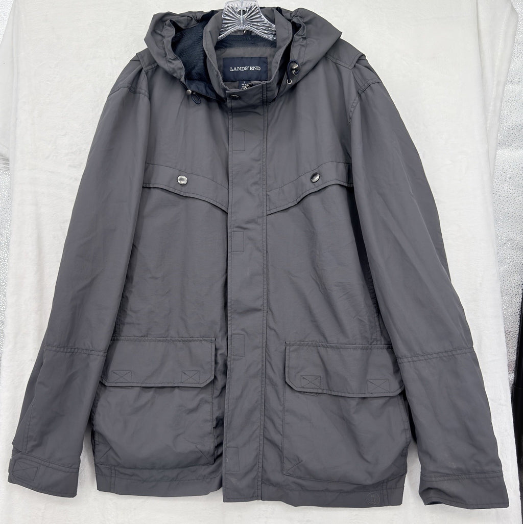Lands End Jacket Large Mens Gray Lightweight Mesh Lined Full Zip Nylon Hooded
