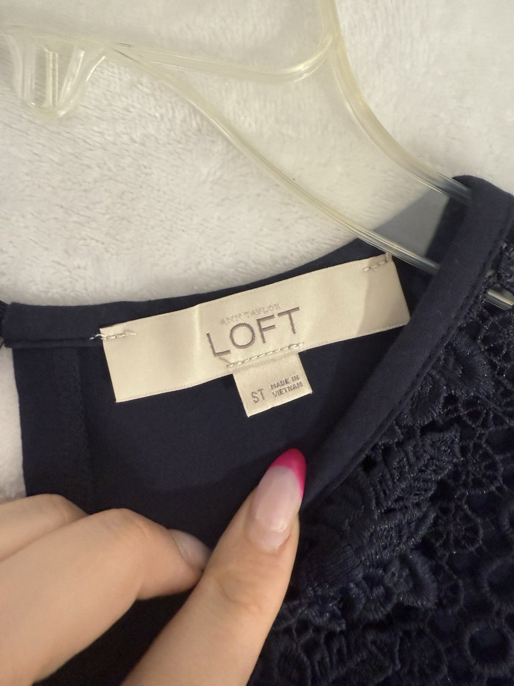 Ann Taylor Loft Dress Small Tall ST Navy Blue A-Line Crochet Knit Short Sleeve